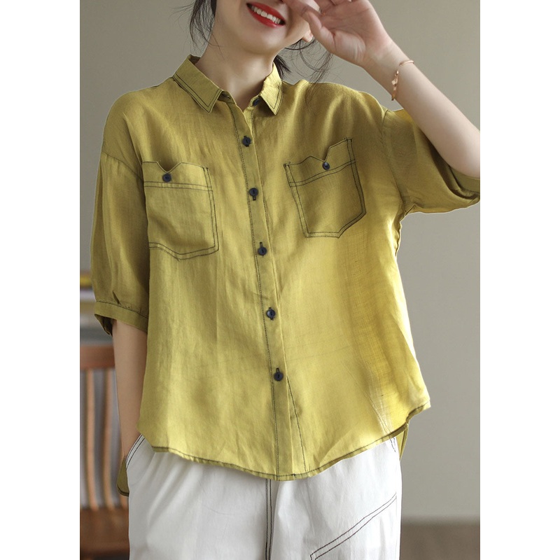 French Yellow Peter Pan Collar Patchwork Cotton Shirt Tops Summer