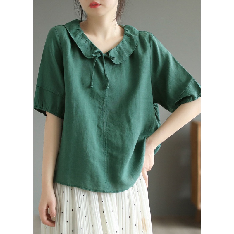 Green Patchwork Cotton T Shirts Top Peter Pan Collar Short Sleeve