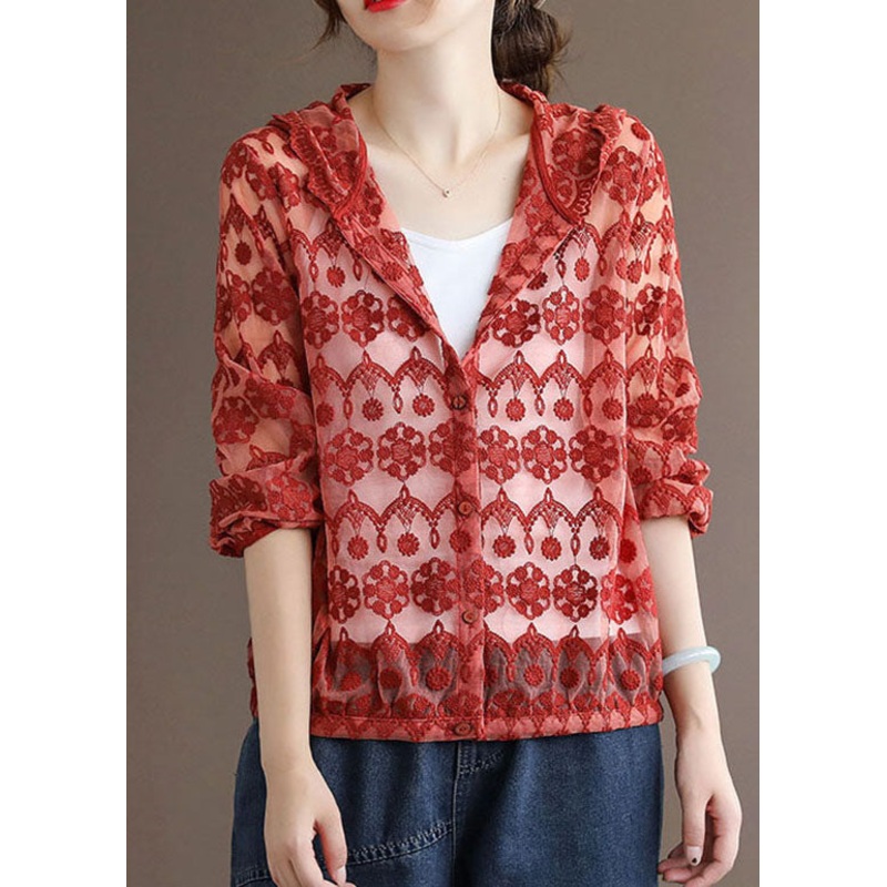 Handmade Red Embroideried Patchwork Cotton Hooded Coat Long Sleeve