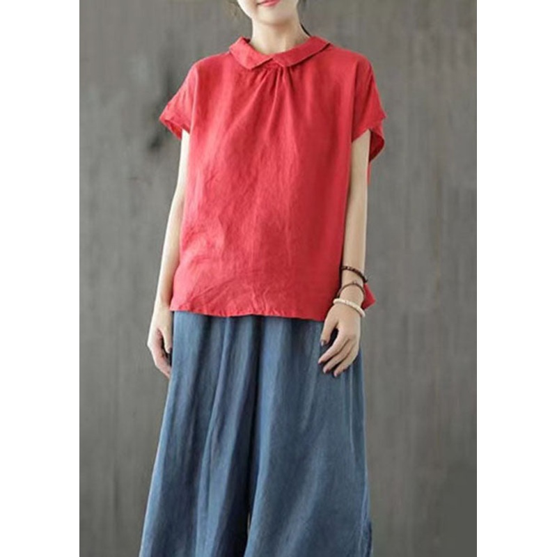 Handmade Red Peter Pan Collar Button Patchwork Linen Top Short Sleeve