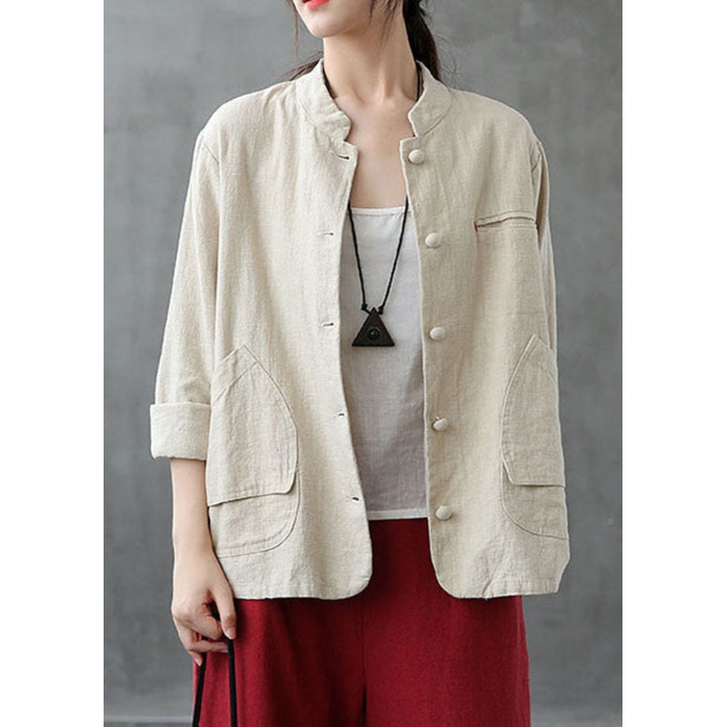 Italian Beige Stand Collar Pockets Patchwork Linen Coats Spring