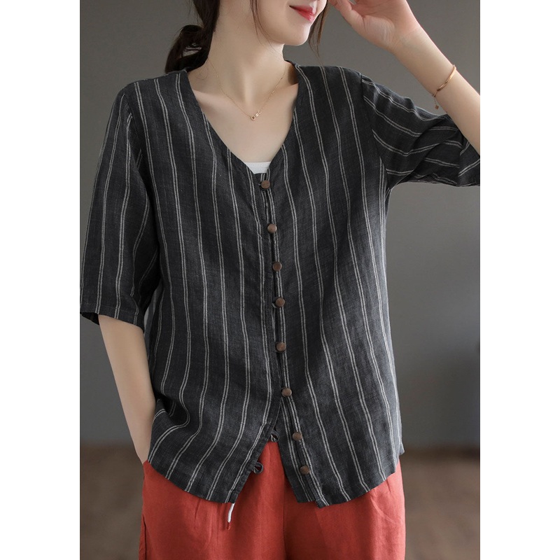 Italian Black Striped V Neck Button Patchwork Linen Blouses Summer