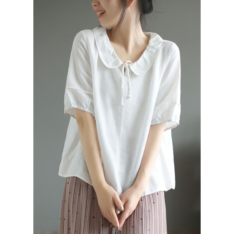 Loose White Peter Pan Collar Patchwork Cotton T Shirts Summer