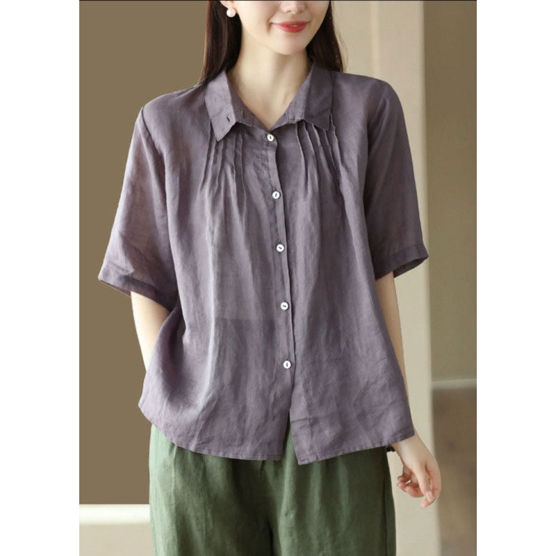 Modern Purple Button Wrinkled Patchwork Linen Shirts Summer
