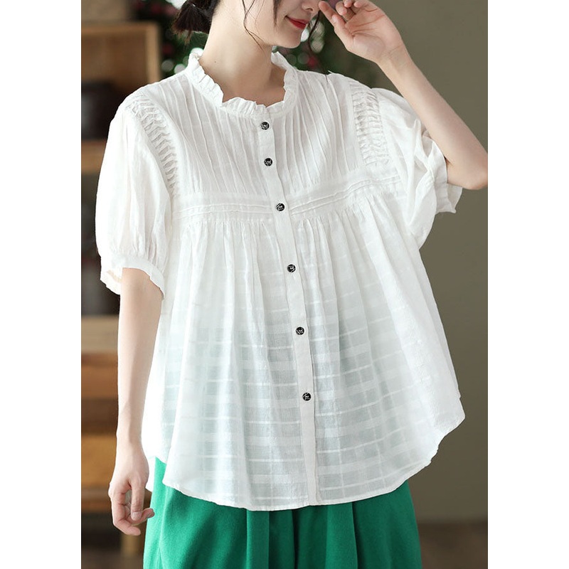 Natural White Wrinkled Button Patchwork Cotton Blouses Summer