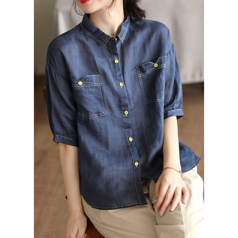 Navy Patchwork Cotton Shirt Top Peter Pan Collar Pockets Summer