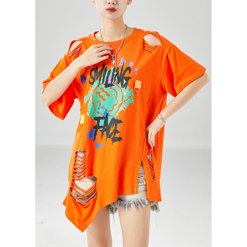 Orange Hollow Out Cotton Ripped Tank Oversized Print Summer
