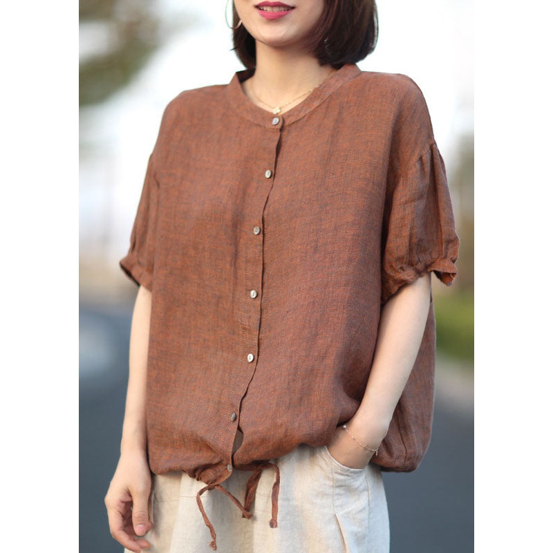 Orange Patchwork Linen Shirt Stand Collar Button Short Sleeve