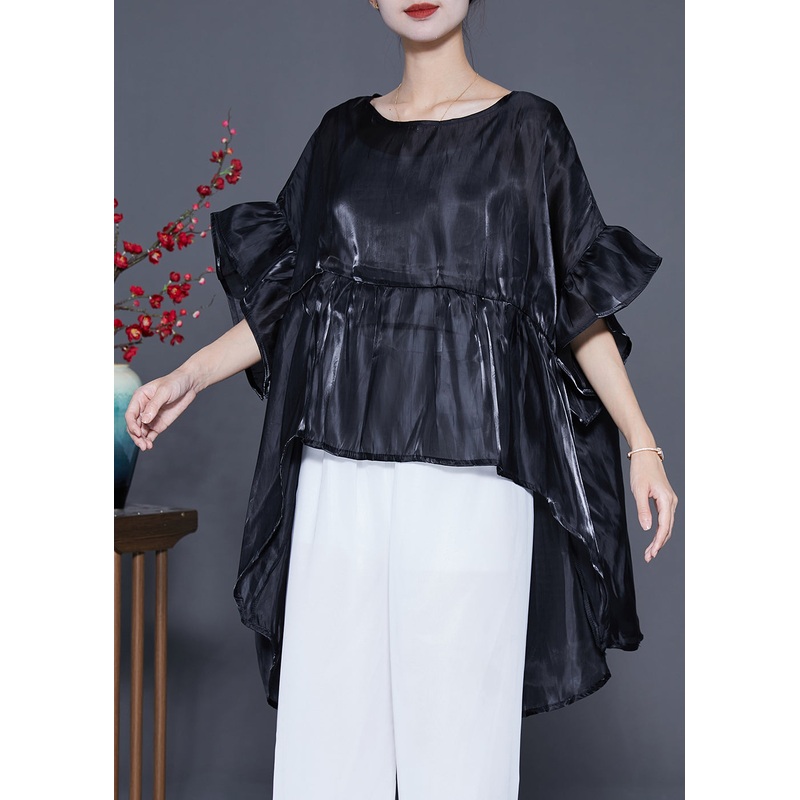 Plus Size Black Oversized Patchwork Silk Shirt Top Summer