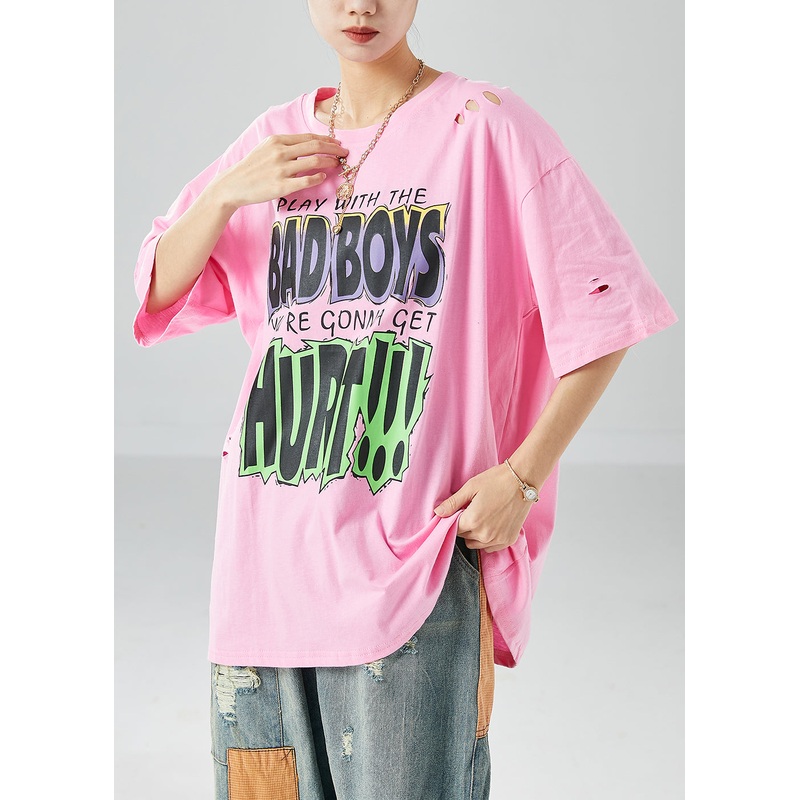Plus Size Pink Oversized Print Hollow Out Cotton Top Summer