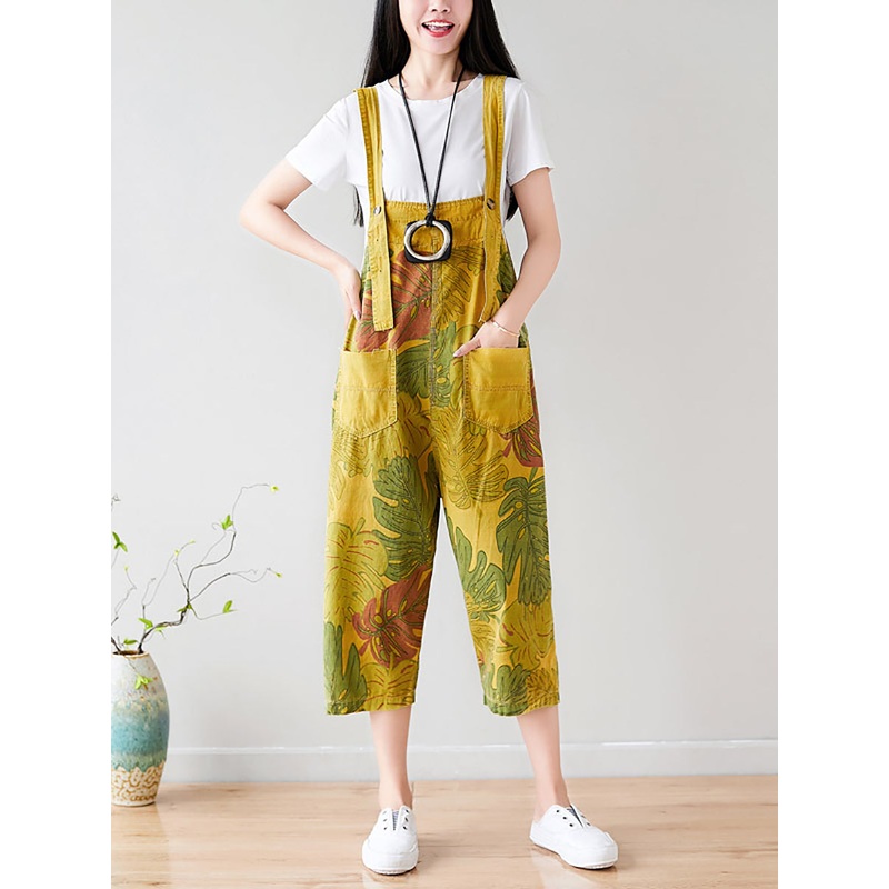 Plus Size Summer Artsy Leaf Pocket Denim Jumpsuits