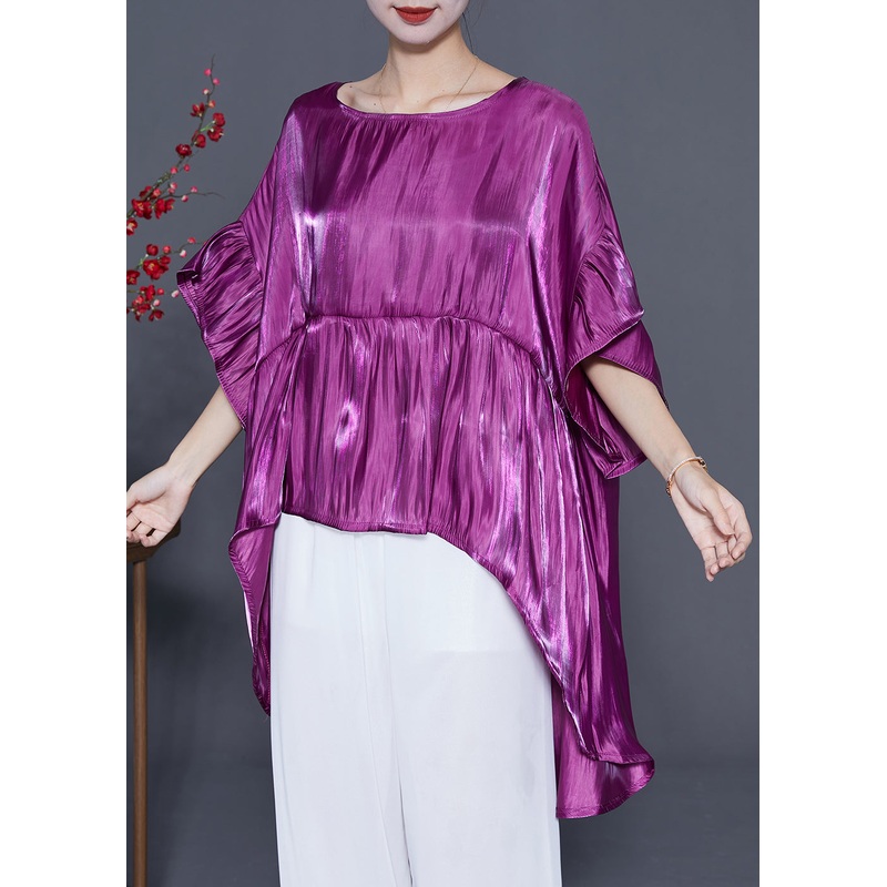 Purple Loose Silk Blouses O-Neck Low High Design Summer