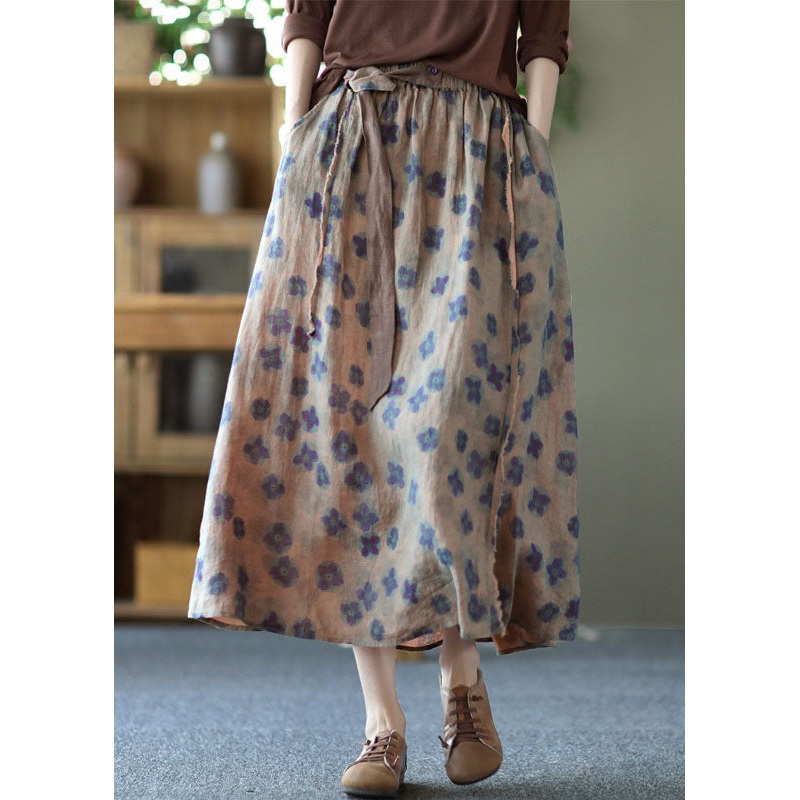 Purple Print Pockets Patchwork Linen Skirts Wrinkled Elastic Waist Summer