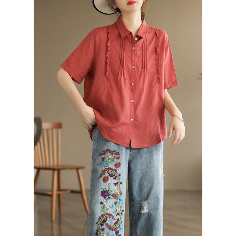 Red Patchwork Cotton Tops Peter Pan Collar Ruffled Button Short Sleeve