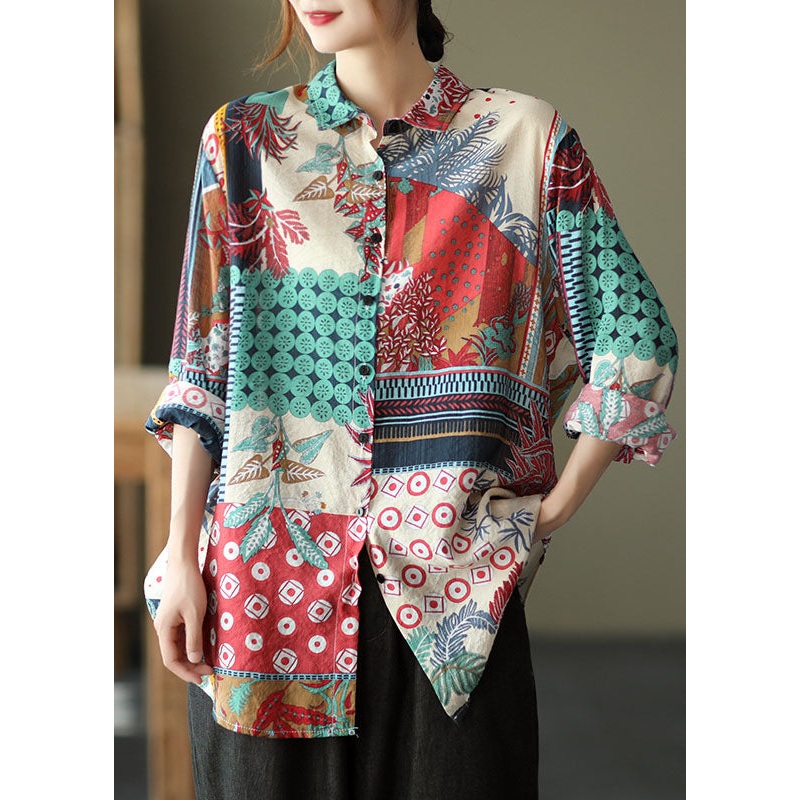 Red Patchwork Linen Shirts Peter Pan Collar Button Long Sleeve