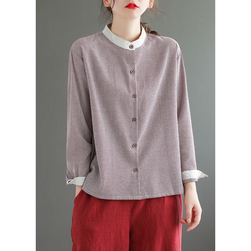 Red Plaid Patchwork Cotton Blouse Top Button Long Sleeve