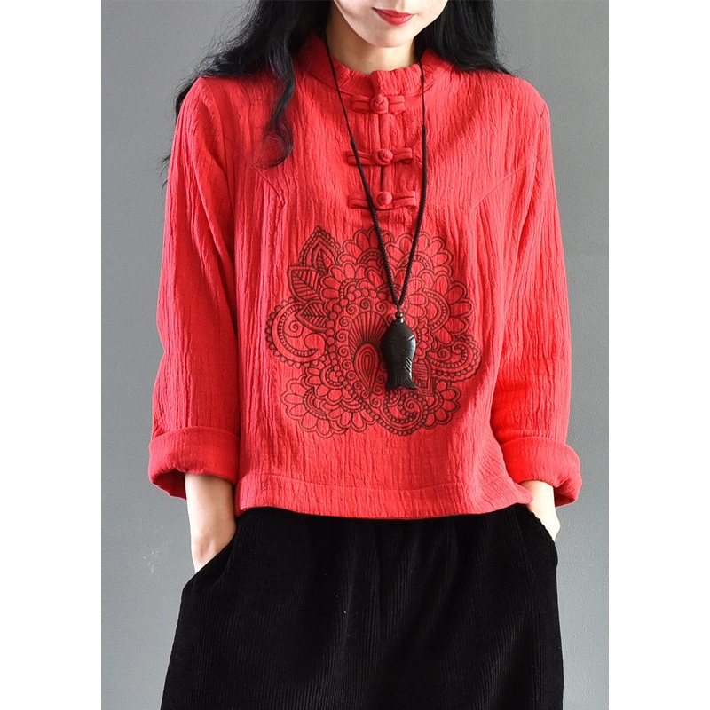 Retro Red Embroideried Chinese Button Patchwork Linen Shirts Spring