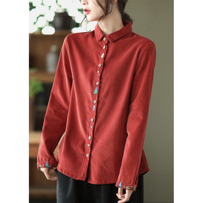 Retro Red Embroideried Patchwork Corduroy Shirt Tops Spring