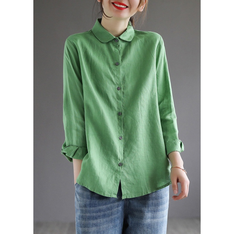 Simple Green Peter Pan Collar Button Patchwork Cotton Blouse Tops Spring
