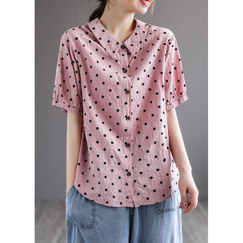 Style Pink Peter Pan Collar Print Patchwork Cotton Blouses Short Sleeve