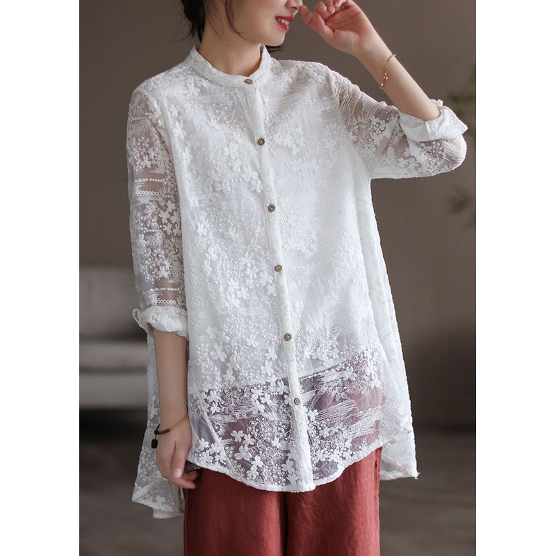 Stylish White Stand Collar Embroideried Patchwork Lace Shirt Tops Long Sleeve