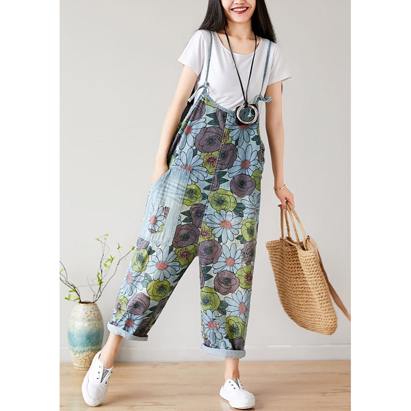 Summer Artsy Flower Pocket Loose Denim Jumpsuits