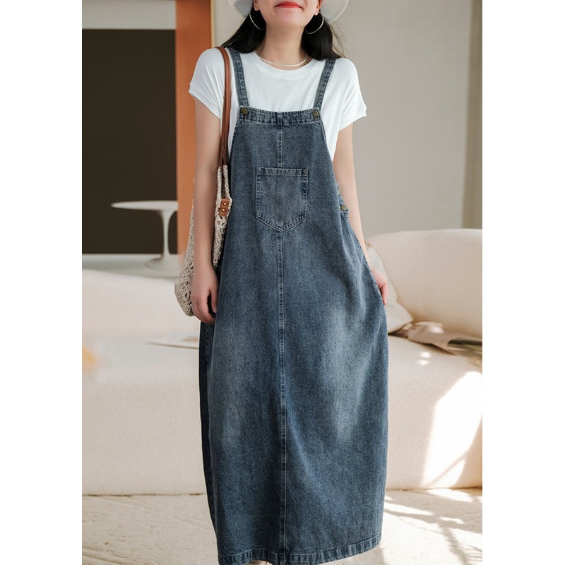 Summer Retro Washed Solid Spliced Denim Vest Dress