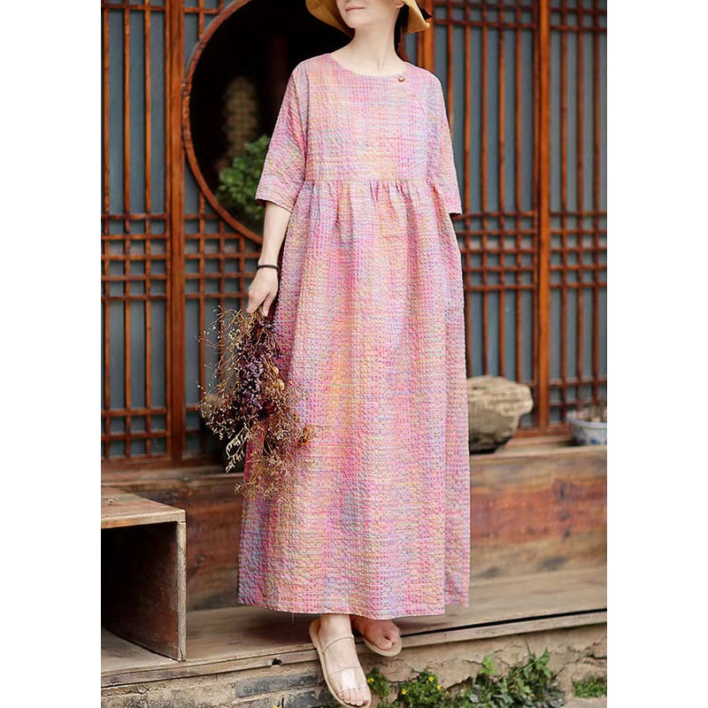 Unique Pink Plaid O Neck Wrinkled Patchwork Cotton Ankle Dress Summer