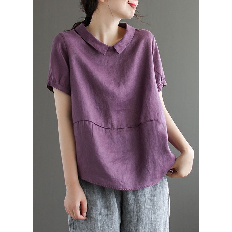Unique Purple Peter Pan Collar Patchwork Linen T Shirts Summer