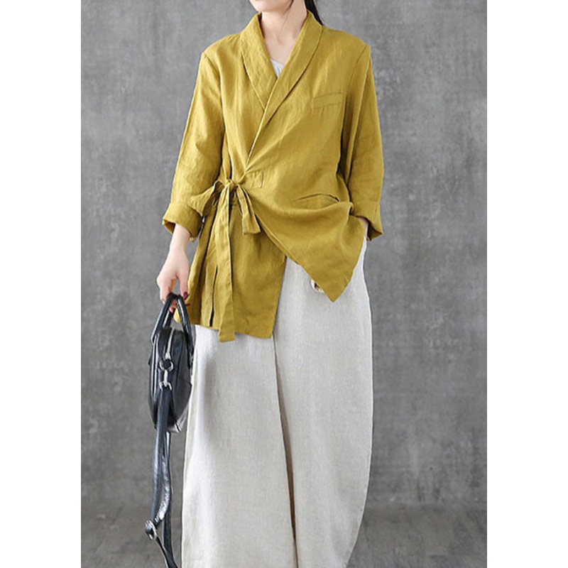 Unique Yellow Peter Pan Collar Pockets Tie Waist Patchwork Linen Coats Spring