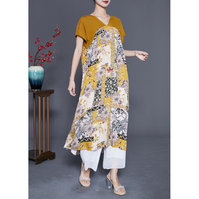 Unique Yellow V Neck Patchwork Print Chiffon A Line Dress Summer