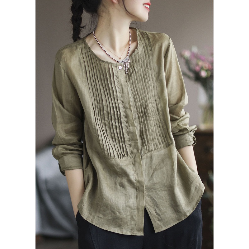 Vintage Army Green Wrinkled Patchwork Linen Shirt Top Spring