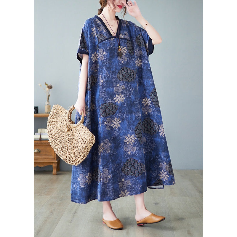 Vintage Blue V Neck Patchwork Long Dresses Summer