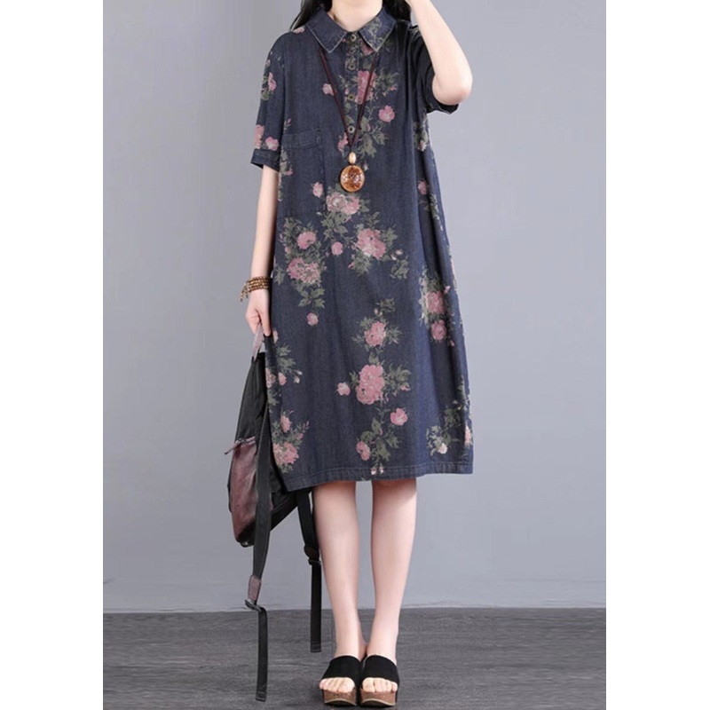 Vintage Flower Print Pocket Loose Button Denim Dress