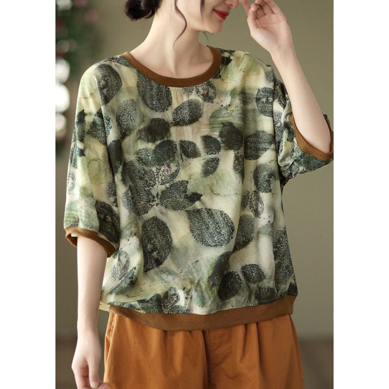 Vintage Green O Neck Print Patchwork Linen T Shirt Tops Summer