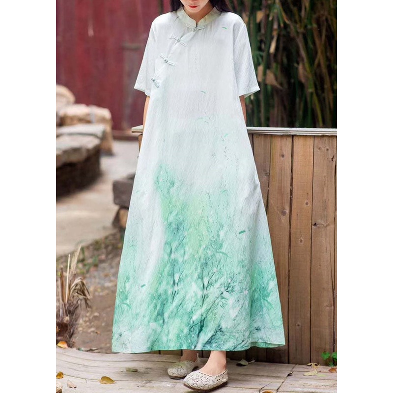 Vintage Green Stand Collar Print Chinese Button Patchwork Linen Dresses Summer