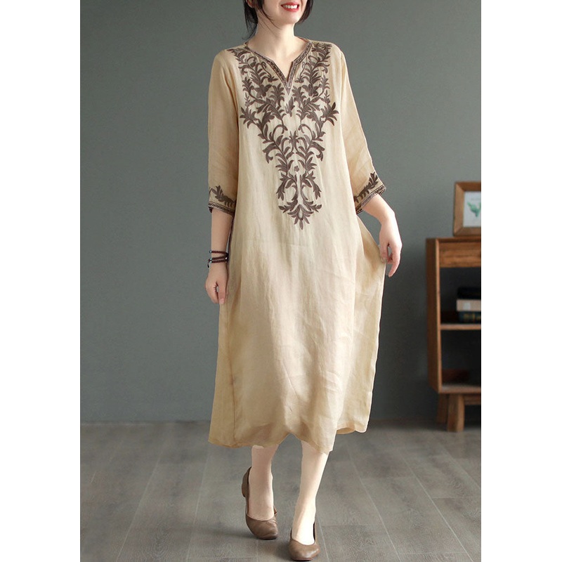 Vintage Khaki V Neck Embroideried Patchwork Linen Dress Summer