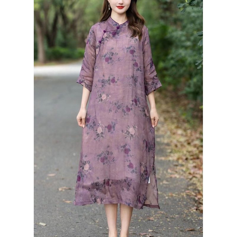 Vintage Purple Stand Collar Print Patchwork Linen Dress Summer