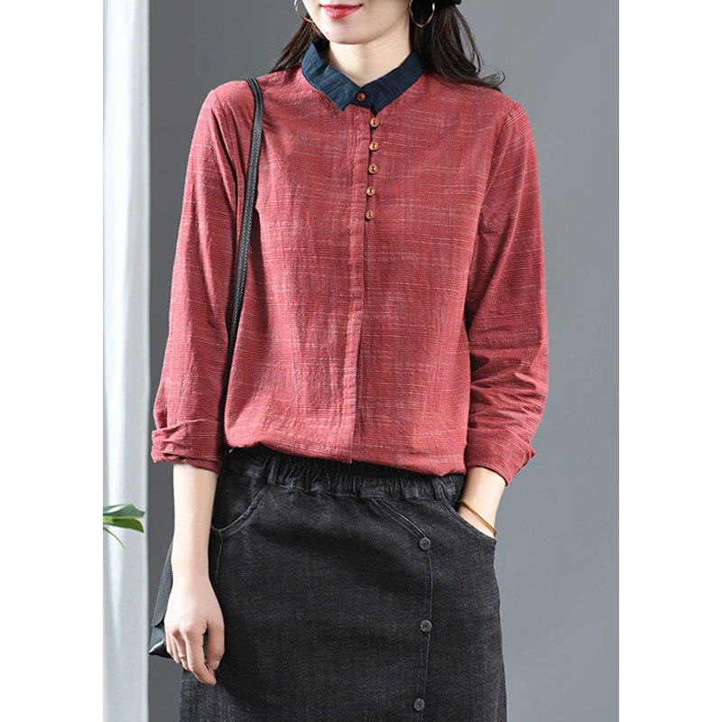 Vintage Red Peter Pan Collar Patchwork Cotton Shirt Long Sleeve