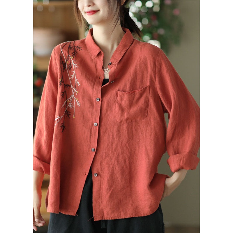 Vintage Red Peter Pan Collar Patchwork Linen Blouses Spring