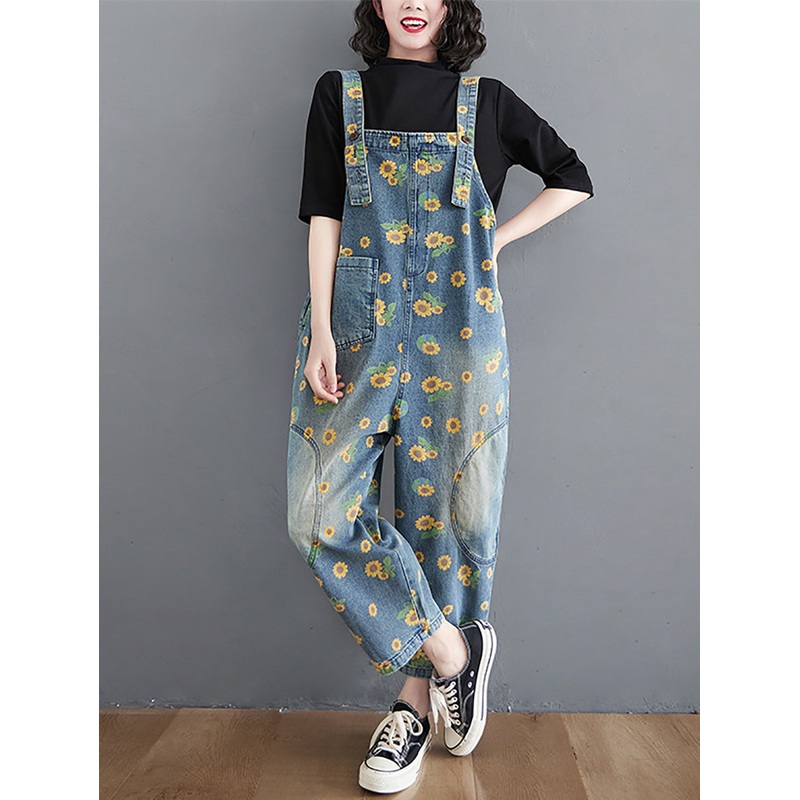 Vintage Sunflower Worn Pocket Denim Jumpsuits Summer