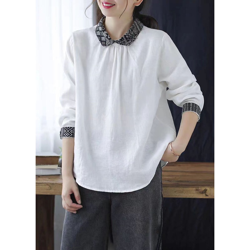 Vintage White Peter Pan Collar Patchwork Linen Blouse Tops Spring