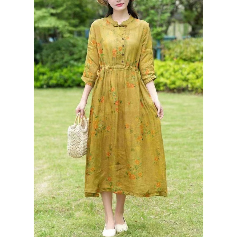 Vintage Yellow Stand Collar Print Drawstring Patchwork Linen Dress Summer