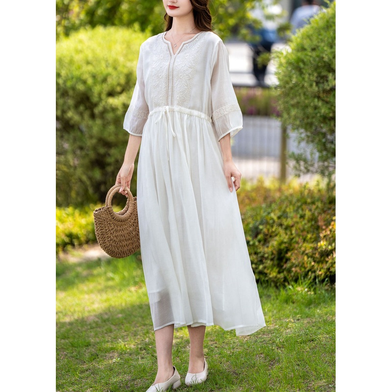 White Patchwork Linen Dresses Embroideried Wrinkled V Neck Summer