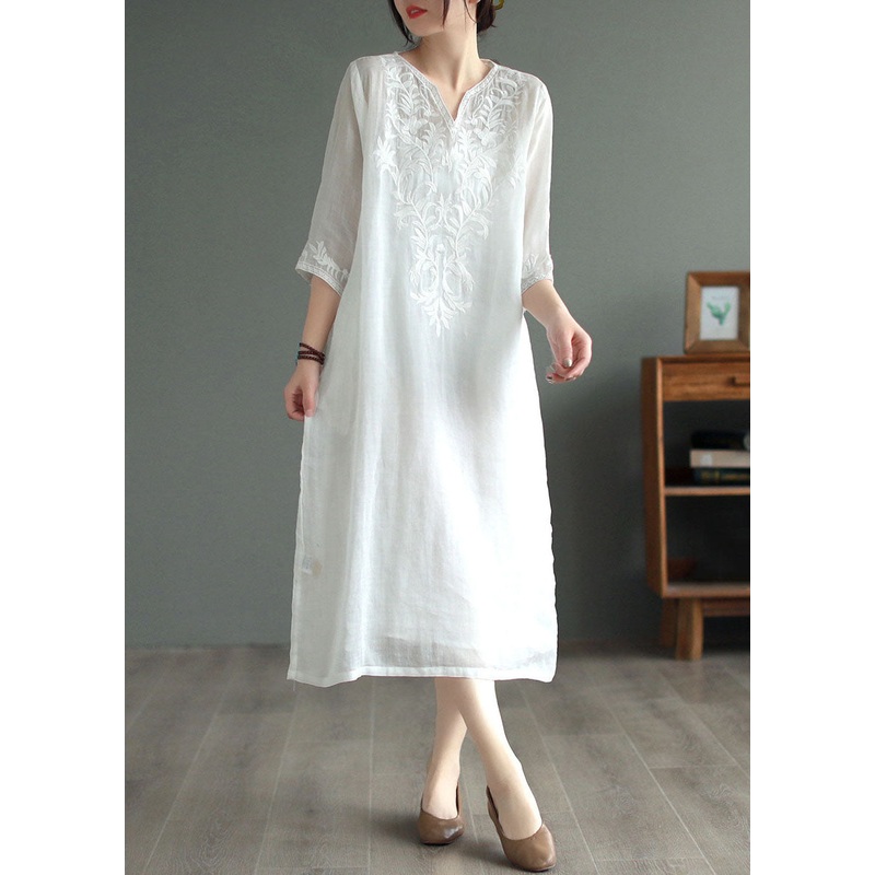 White Patchwork Linen Dresses V Neck Embroidered Bracelet Sleeve