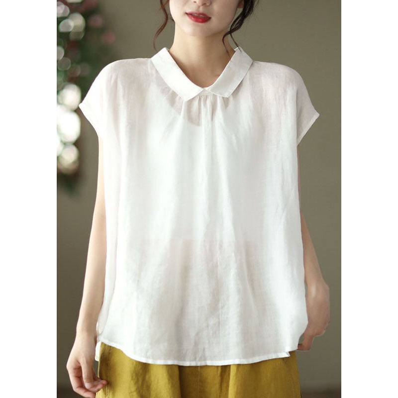 White Patchwork Linen Shirt Tops Peter Pan Collar Button Summer