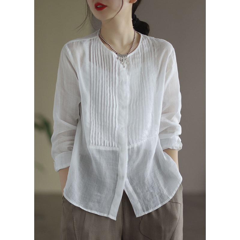 White Patchwork Linen Shirt Wrinkled Button Long Sleeve