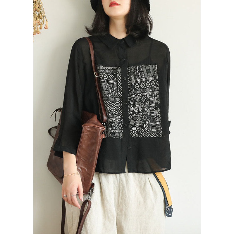 Women Black Peter Pan Collar Geometric Patchwork Linen Blouse Top Bracelet Sleeve