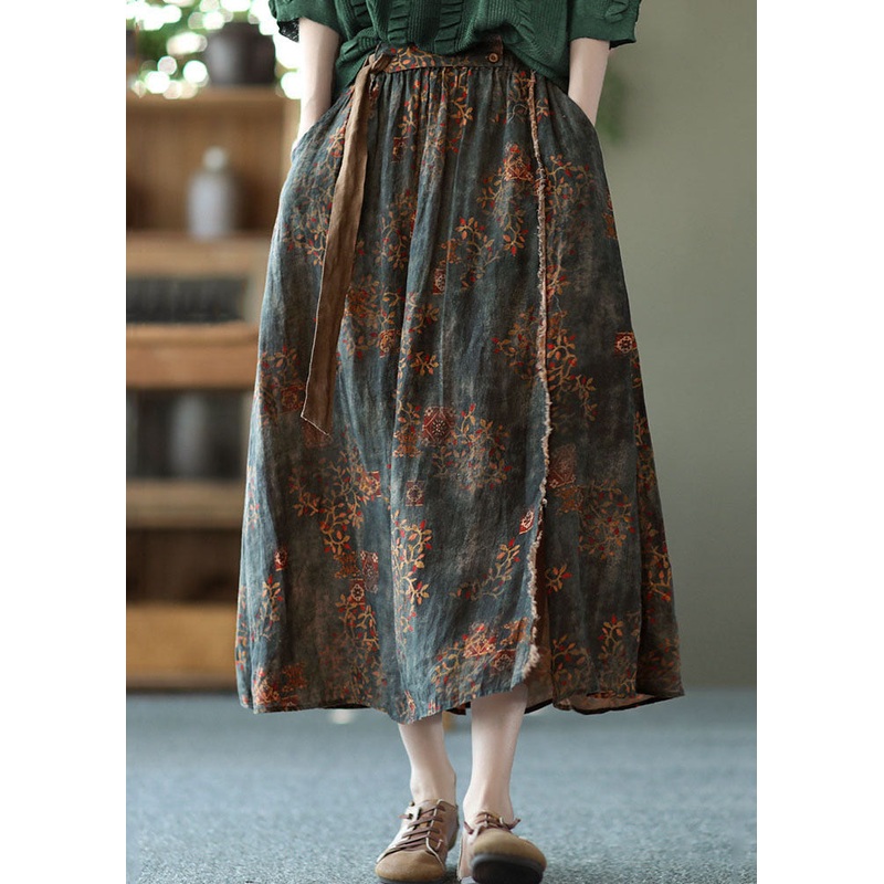 Women Blackish Green Wrinkled Pockets Patchwork Linen Skirts Summer