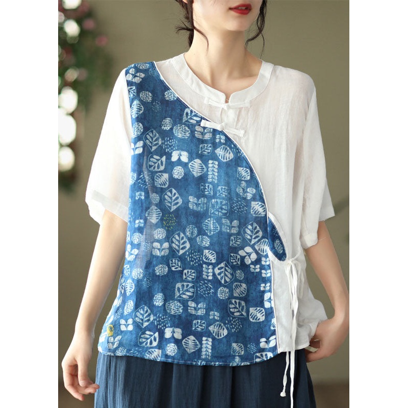 Women Blue Stand Collar Print Patchwork Linen Shirt Top Summer